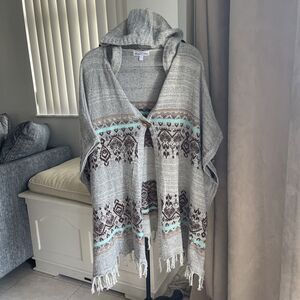 Stem Vine Long Knit Poncho Cardigan Aztec Hooded  Fringe Toggle Button L